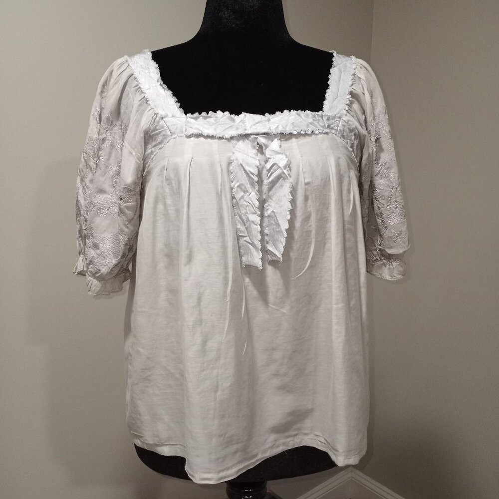 FEVER LONDON GREY/SILVER SILK COTTON BLOUSE WITH PUFF EYELET SLEEVES UK SIZE 14